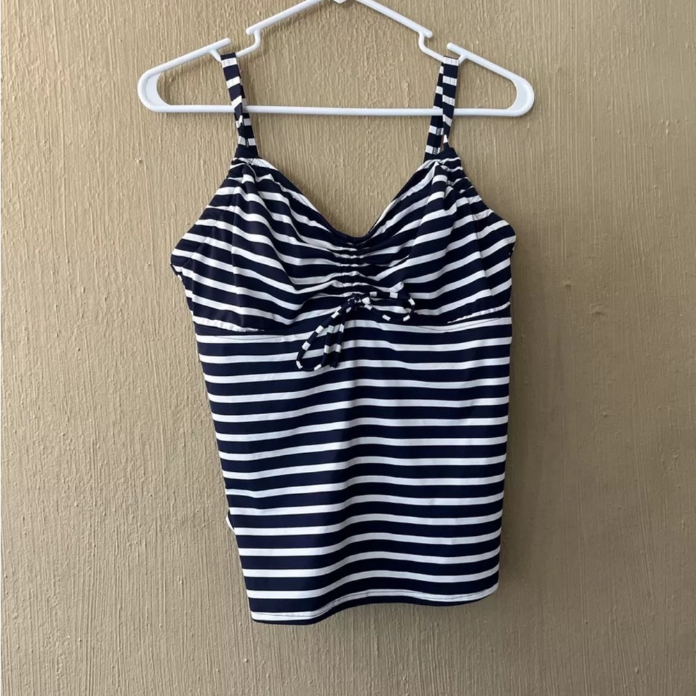 Lands End Tankini Swim Top Womens 12D 12 D cup Underwire 464737 navy blue white